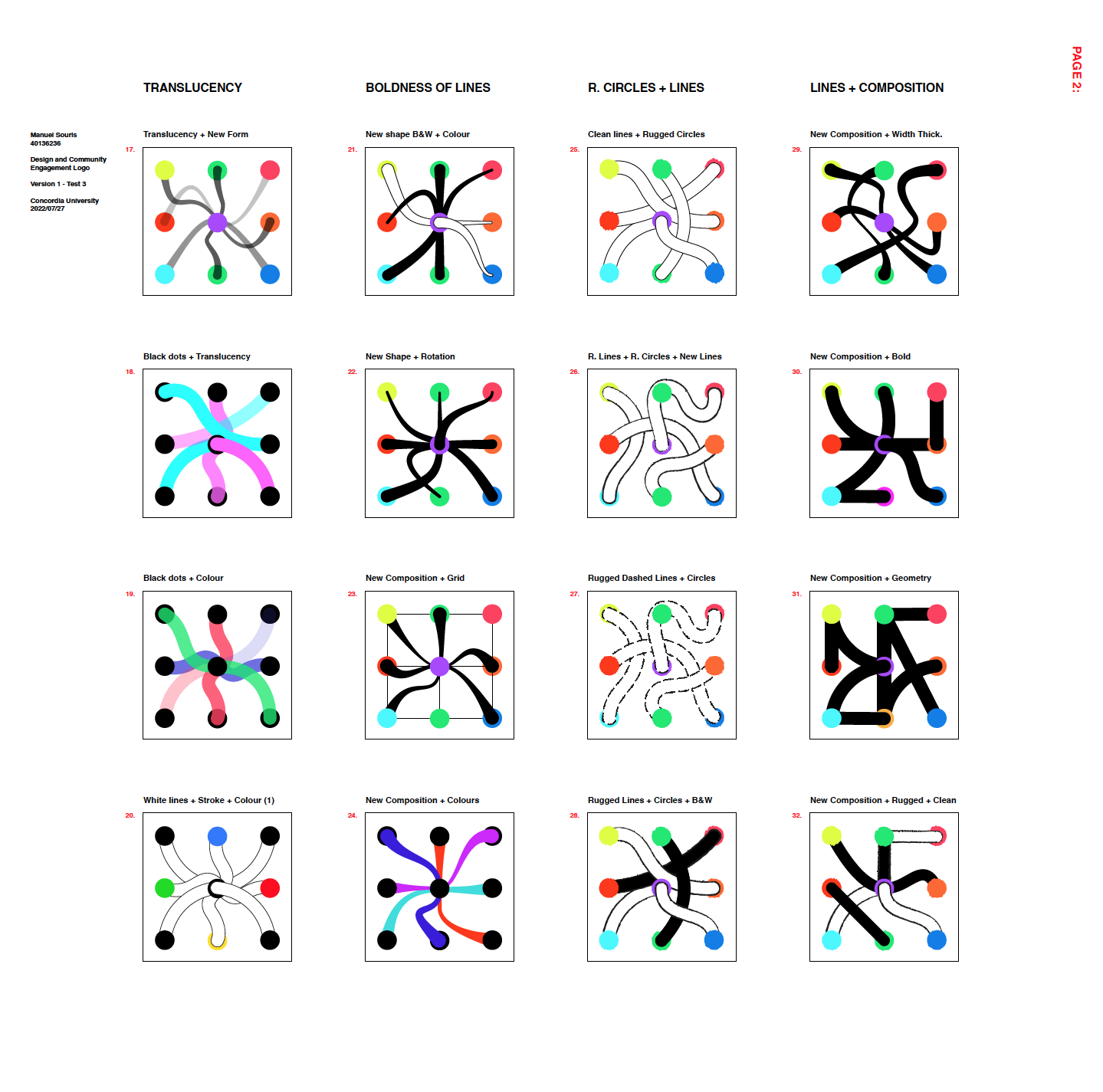 Logo design process for the Design and Community Engagement initiative run by Israel Dupuis at Concordia University.