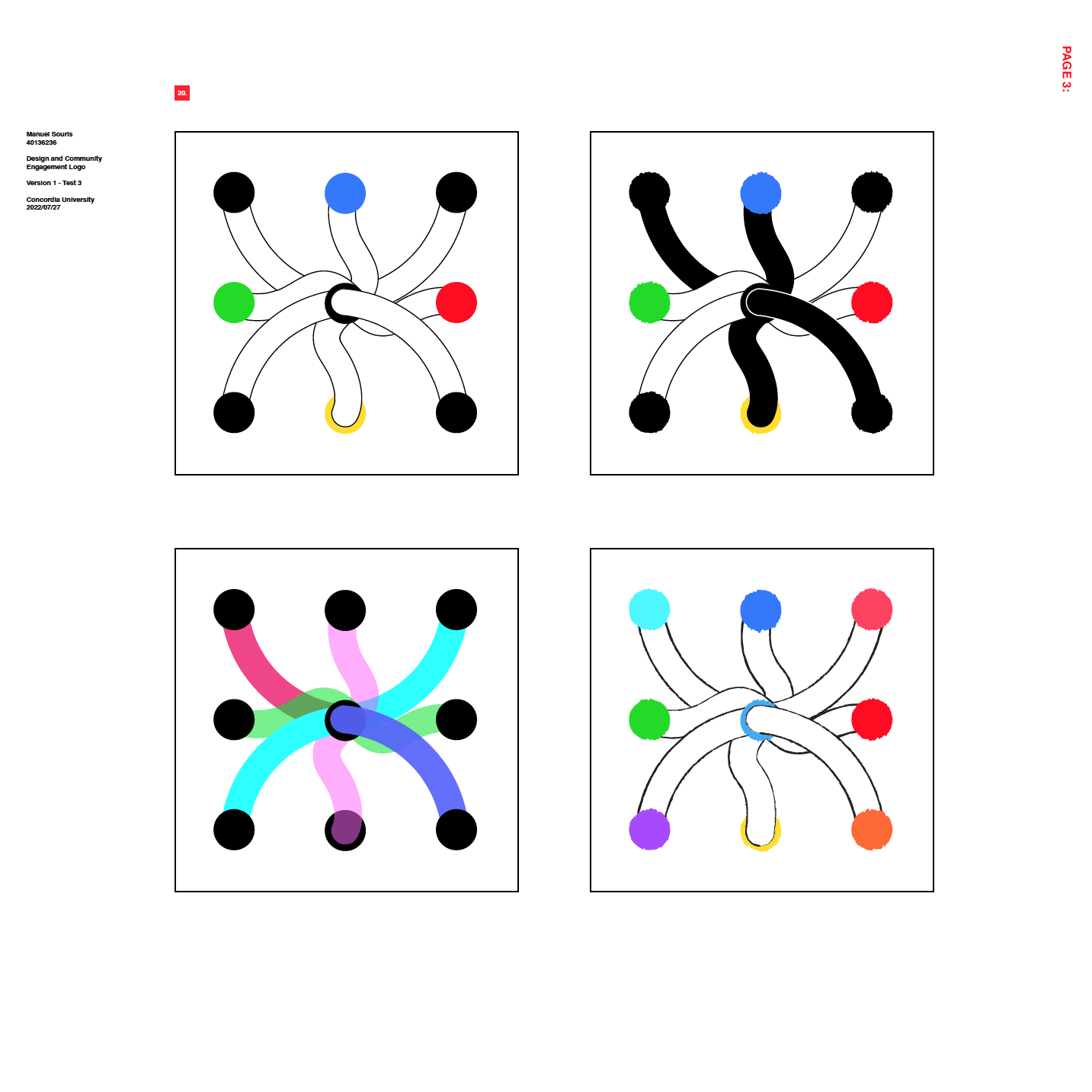 Logo design process for the Design and Community Engagement initiative run by Israel Dupuis at Concordia University.