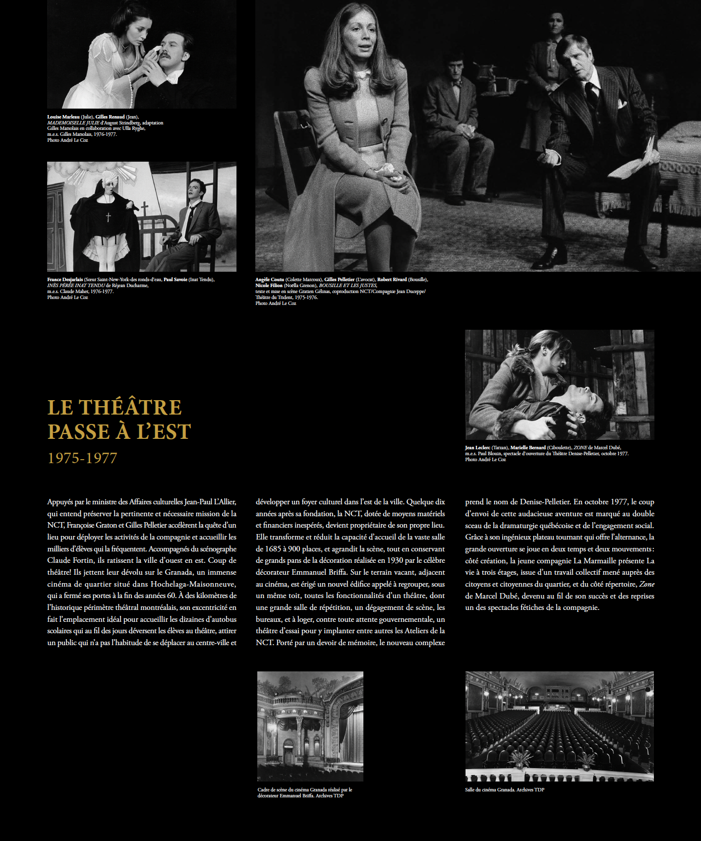Design of permanent exhibition panels for Théâtre Denise-Pelletier in collaboration with set designer Raymond Marius Boucher. Printed on aluminum and mounted on the walls of the foyer.
