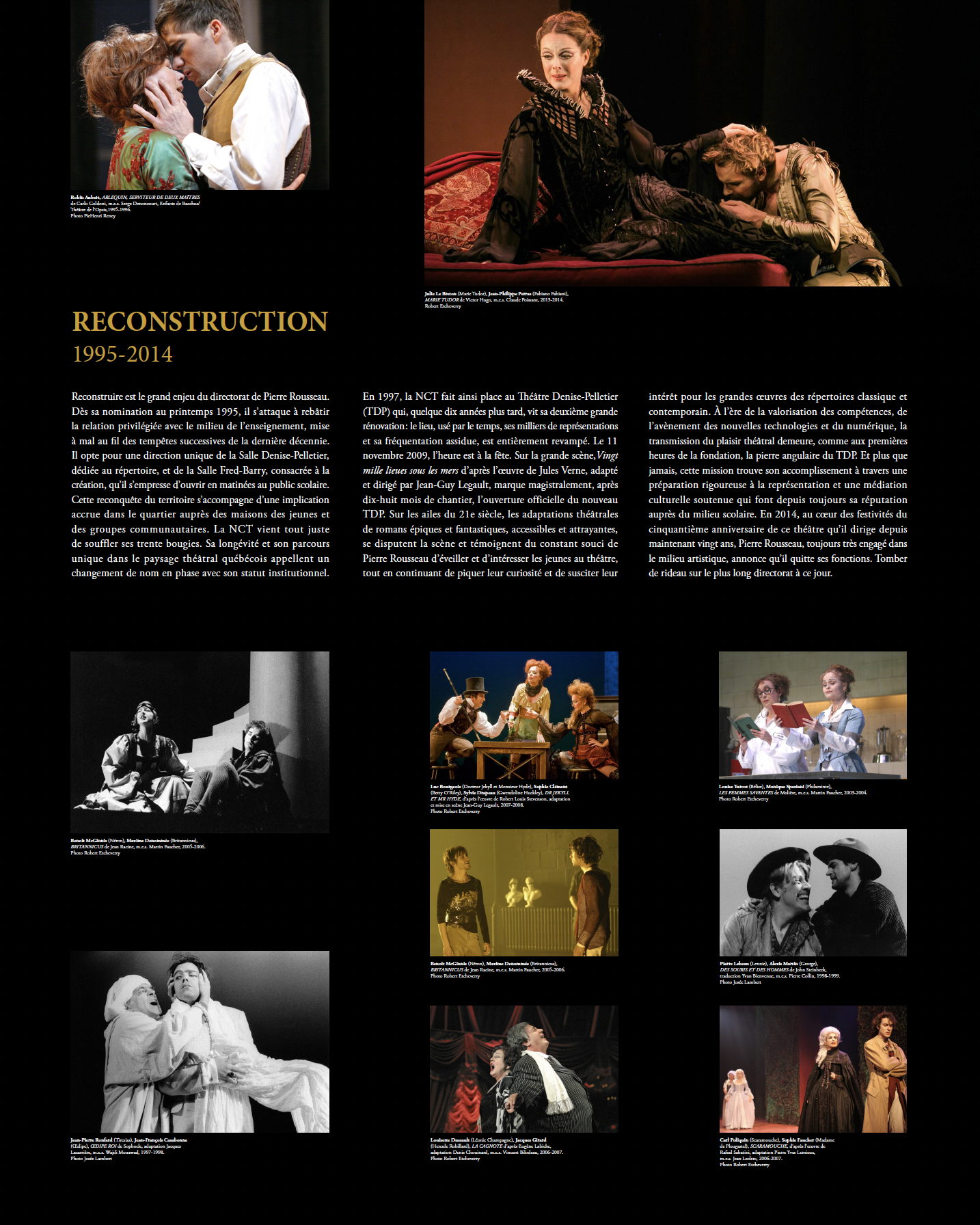 Design of permanent exhibition panels for Théâtre Denise-Pelletier in collaboration with set designer Raymond Marius Boucher. Printed on aluminum and mounted on the walls of the foyer.